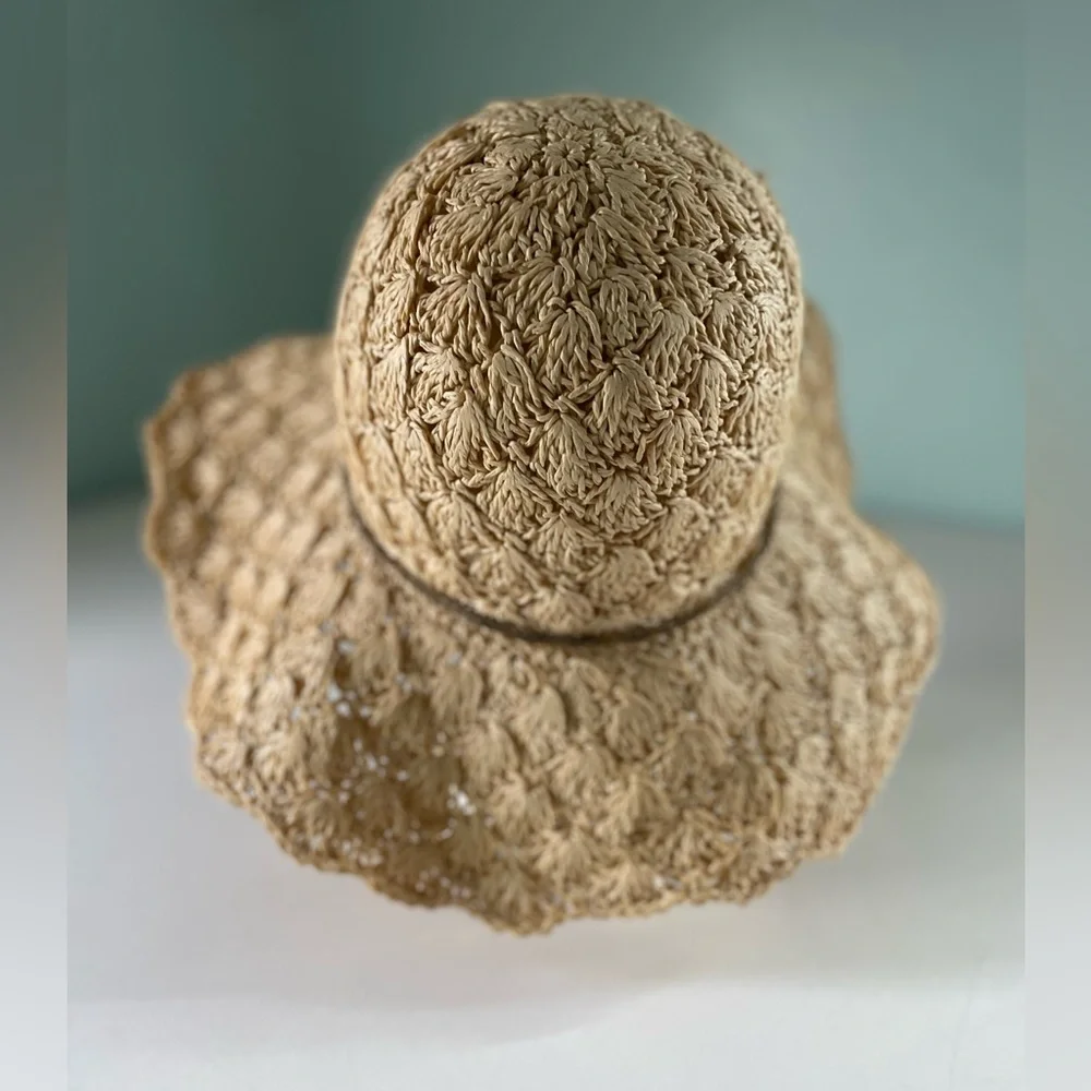 Floppy Textured Wide Brim Sun Hat with Brown Flower One Size